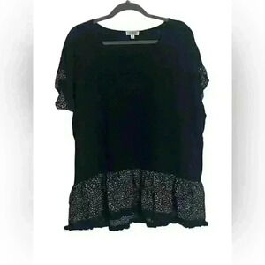 Umgee Size Medium Blouse Mixed Media Flowy Black Animal Print Fringe Hem